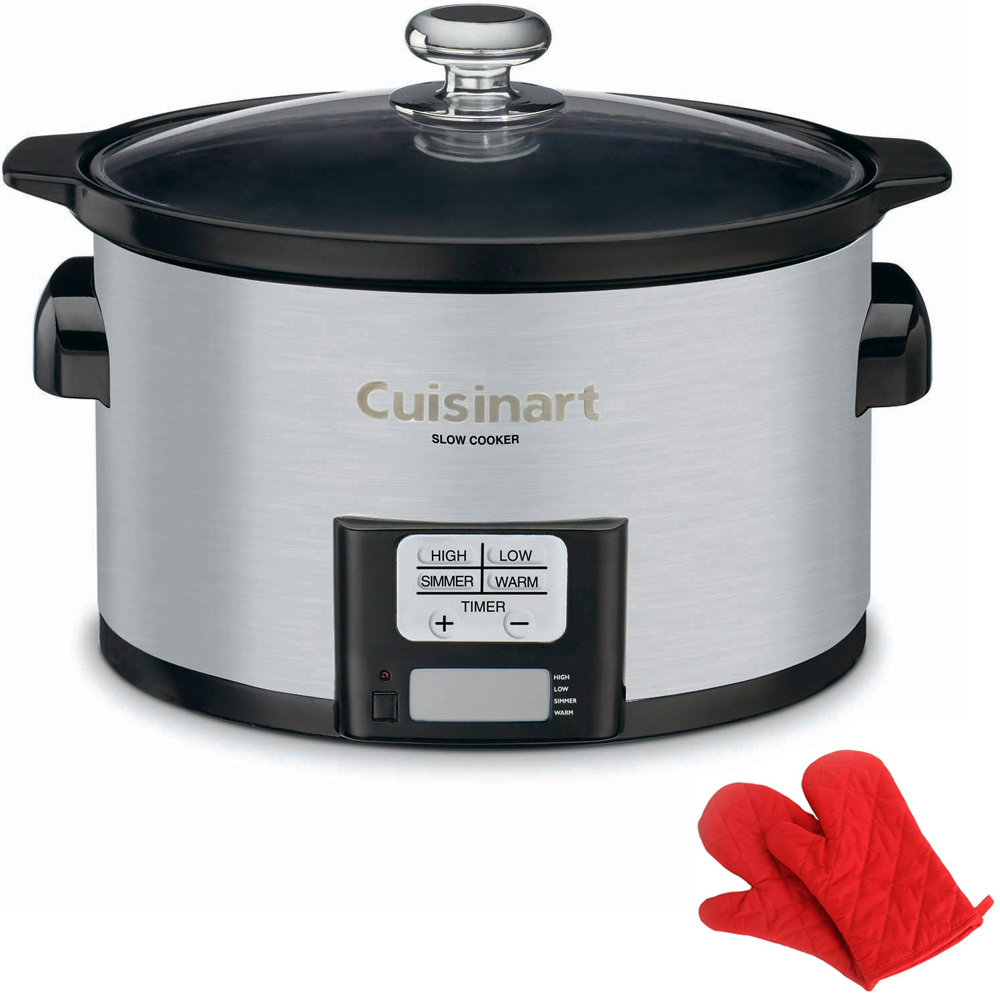 Cuisinart PSC-350 3.5 Quart Programmable Slow Cooker Brushed Stainless Steel Bundle with Deco Chef Pair of Red Heat Resistant Oven Mitt