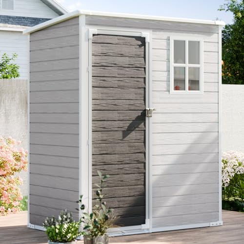 6x4 FT Outdoor Storage Shed, Waterproof Thicker Resin Shed with Floor & Lockable Door & Window & Vents, Plastic Tool Shed for Backyard, Patio, Poolside, All Weather Use, Lawn, Dove Grey