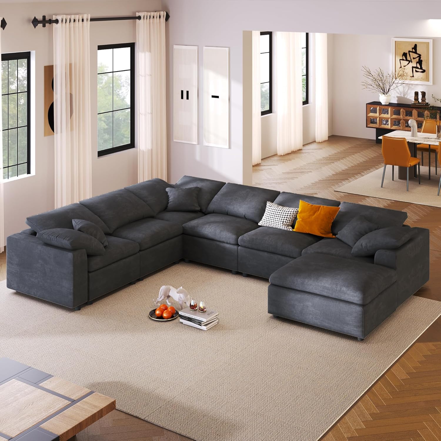 Deep Seat Convertible Modular Sectional Sofa with Movable Ottoman, L/U Shaped Oversized Corner Couch with Throw Pillows,7 Seater Polyester Upholstery Sofa&Couches for Living Room Furniture