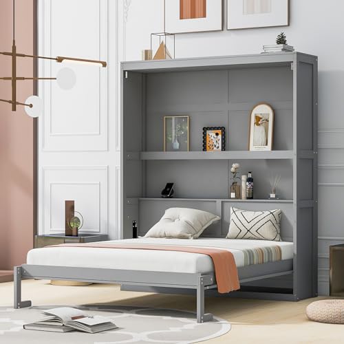 INCLAKE Queen Size Murphy Bed with Storage Shelves, Space-Saving Wooden Wall Bed,Versatile Cabinet Bed Folding Hideaway Bed for Multipurpose Room, Gray