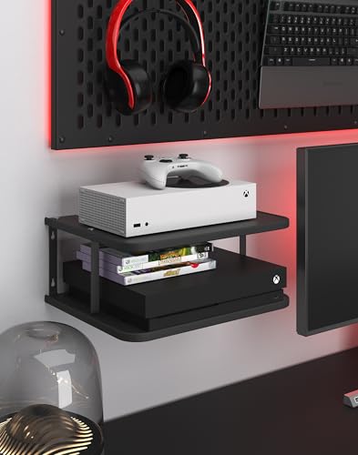 Black Projector Wall Shelf/Floating Under TV Game Double Shelf Stand for Xbox, Router/Entertainment Center, Projector Holder Accessories