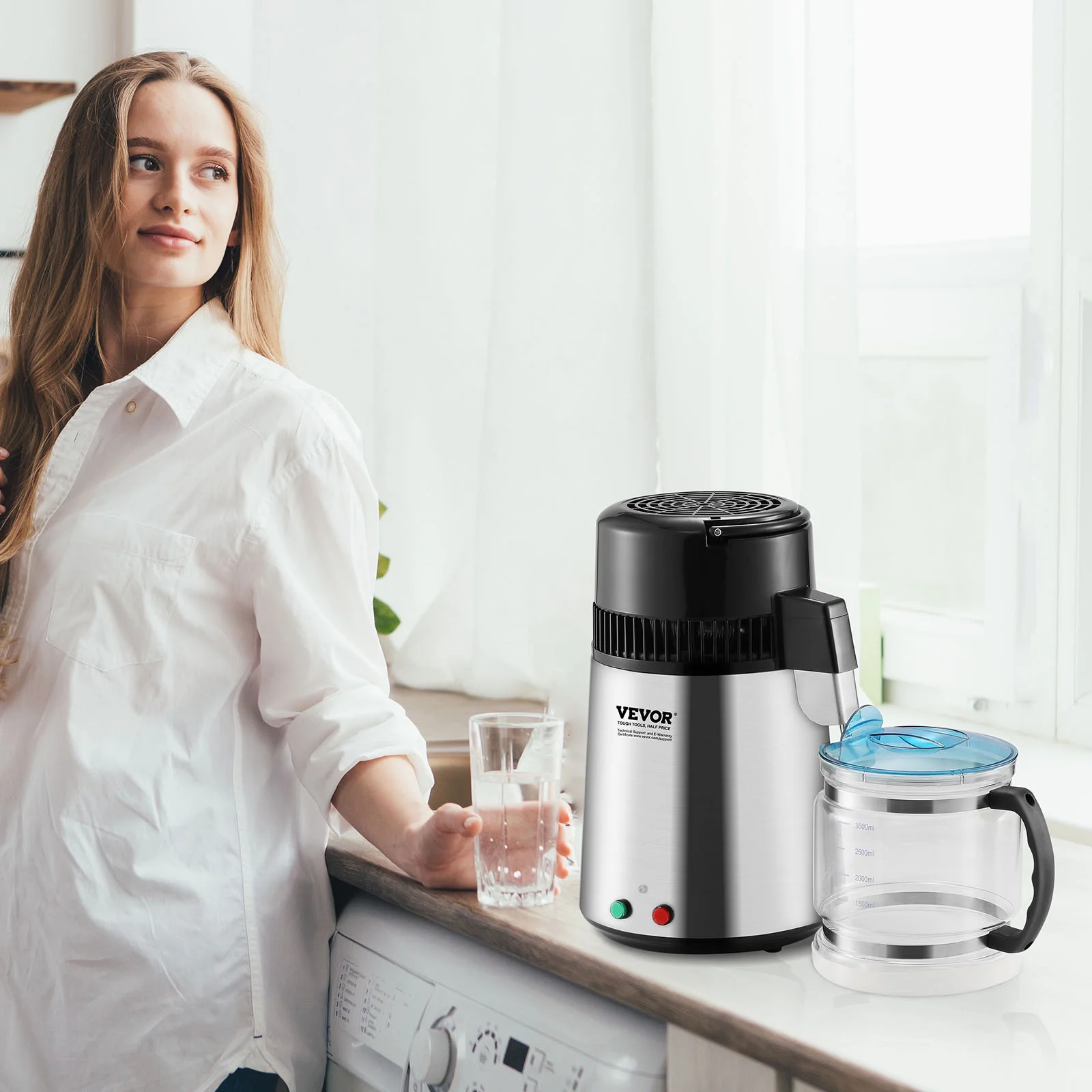 BENTISM 4L Water Distiller Purifier Machine Countertop Stainless Steel Interior Water Distiller 750W Countertop Water Purifier w/Dual Temp Display