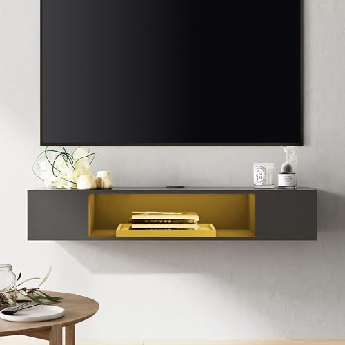 WAMPT Black Floating TV Stand with 16-Color Lights, Floating Wall Shelf for Under TV with Storage Space, Floating TV Wood Media Console for Living Room