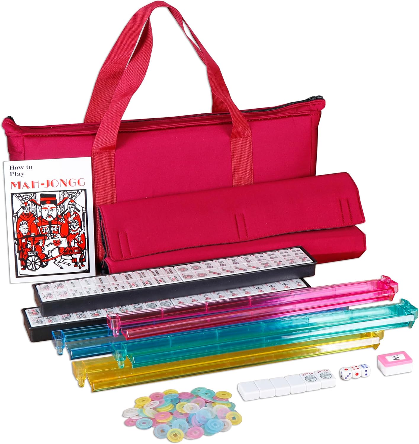 American Mahjong, 166 Tiles Mah Jongg Set with Soft Burgundy Bag 4 Colorful All-in-One Rack/Pushers
