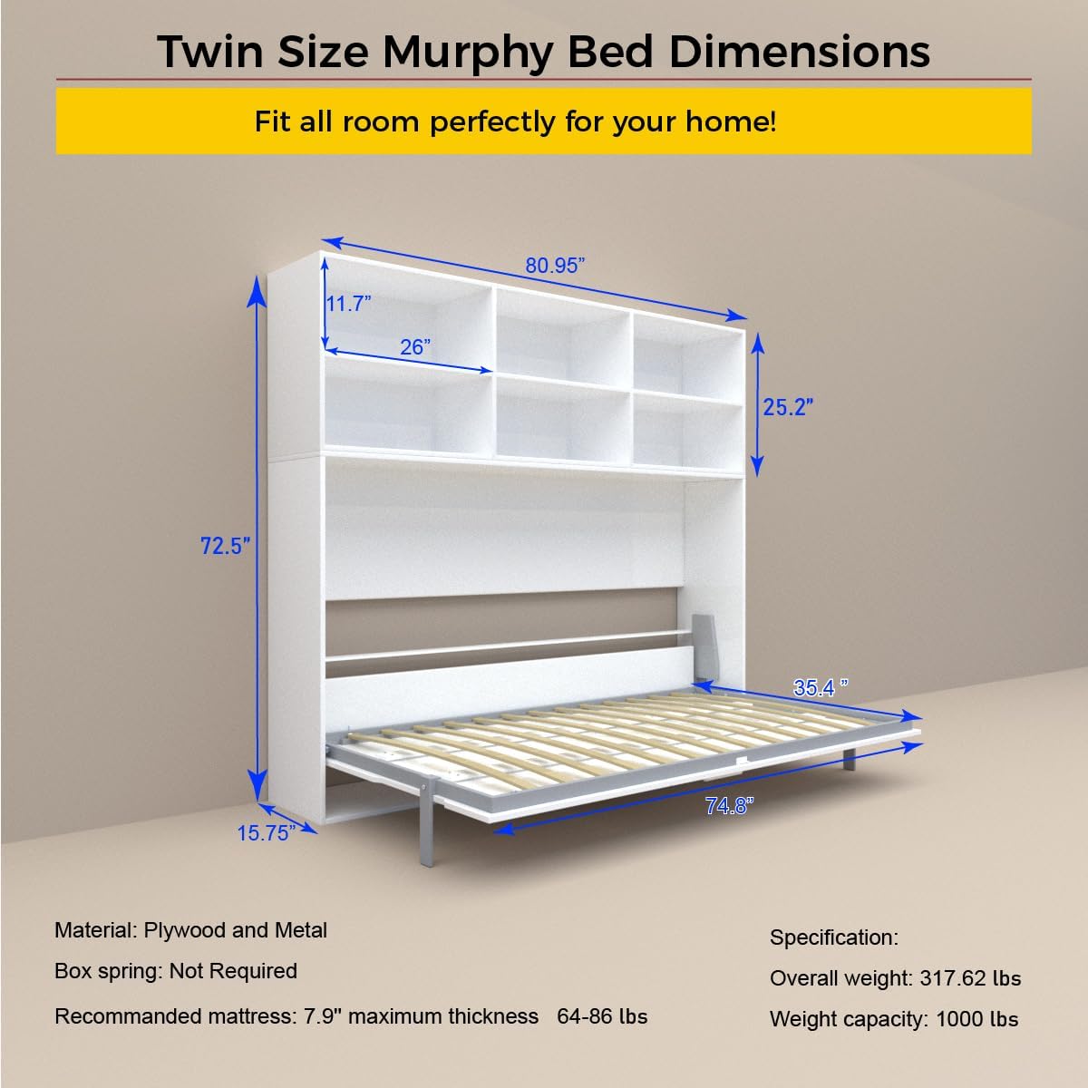 Twin Size Murphy Bed, Modern American Wall Bedframe with Six Storage Shelf, Flexible Slats Support & Space-Saving Design, Gas Struts, Cube Beds for Guest Room/Office, White