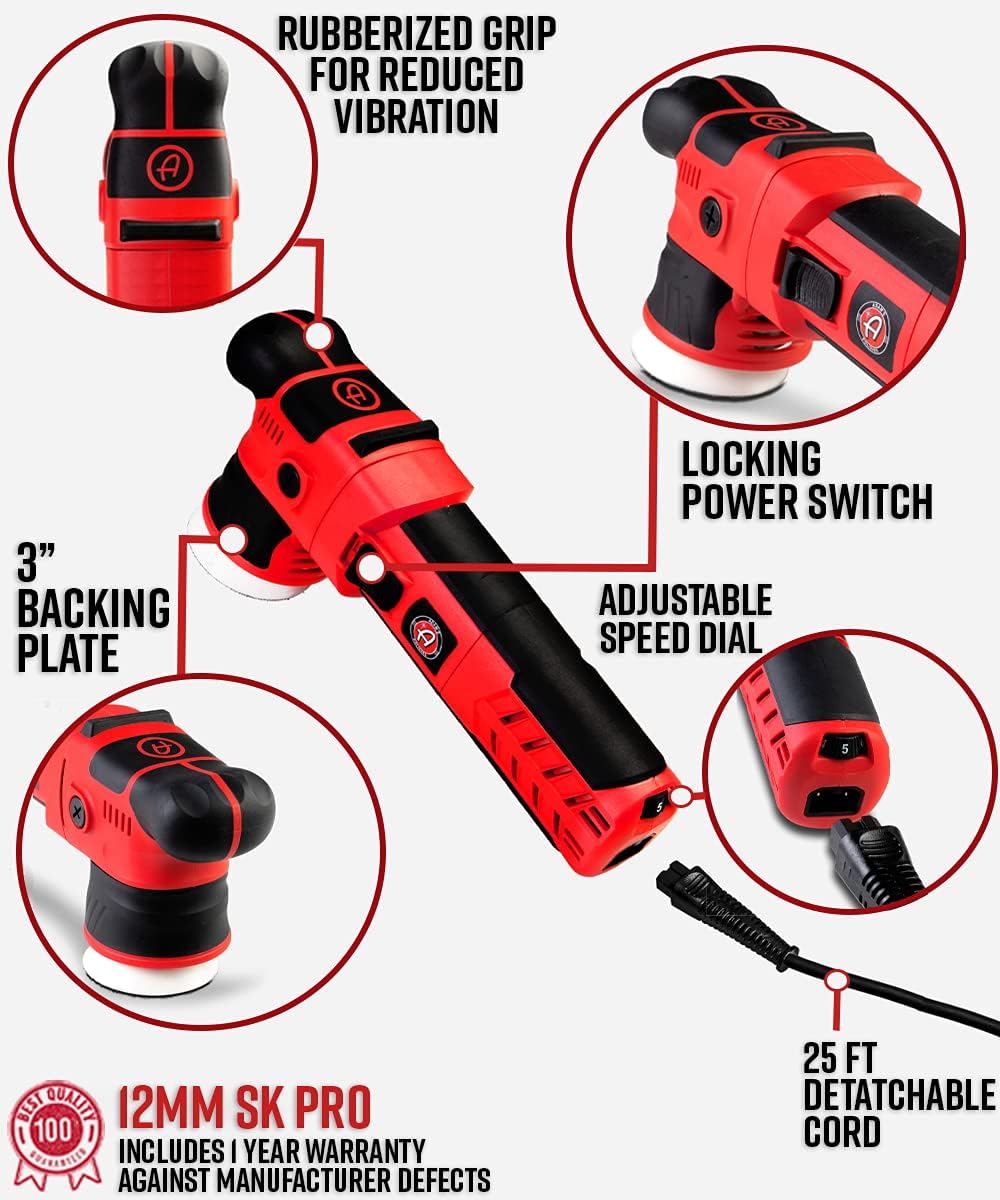 Adam’s SK Pro 12mm Car Polisher - Professional Dual Action Polisher For Car Detailing - Paint Correction, Waxer Buffer DA Polisher - Variable Speed Car Polisher System (Polishing Kit)