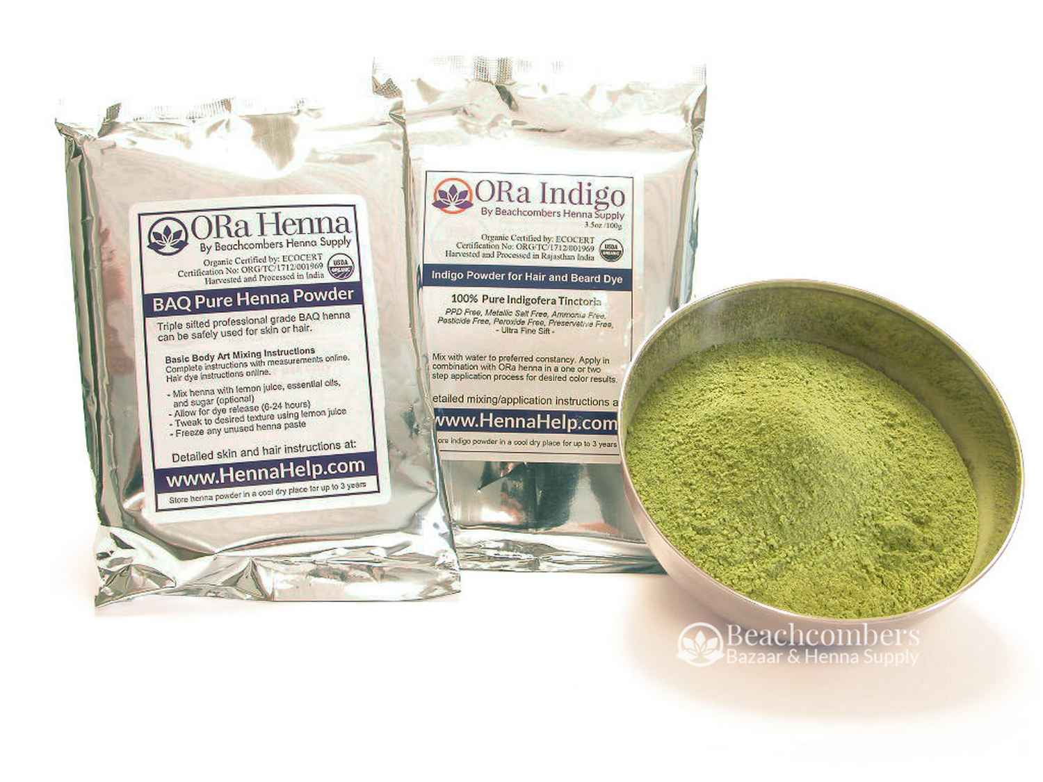 ORA Natural Hair Dye Combo Pack Henna/Indigo: Browns, Reds, and Black Hair Colors