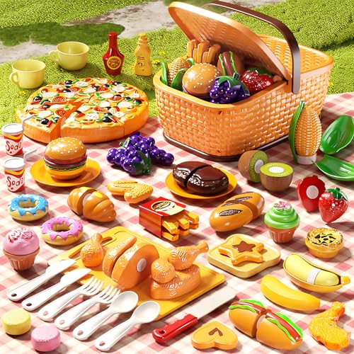 80pcs Pretend Play Food for Kids, Cutting Toy Food Set with Picnic Basket, Play Kitchen Accessories, Food Toys with Veggies, Fruits, Pizza Toy for Boys Girls Gift