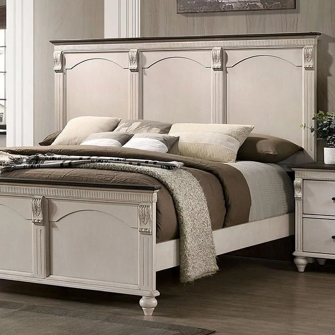 Transitional Antique White Solid Wood Queen Bedroom Set 6pcs FOA CM7182 Agathon