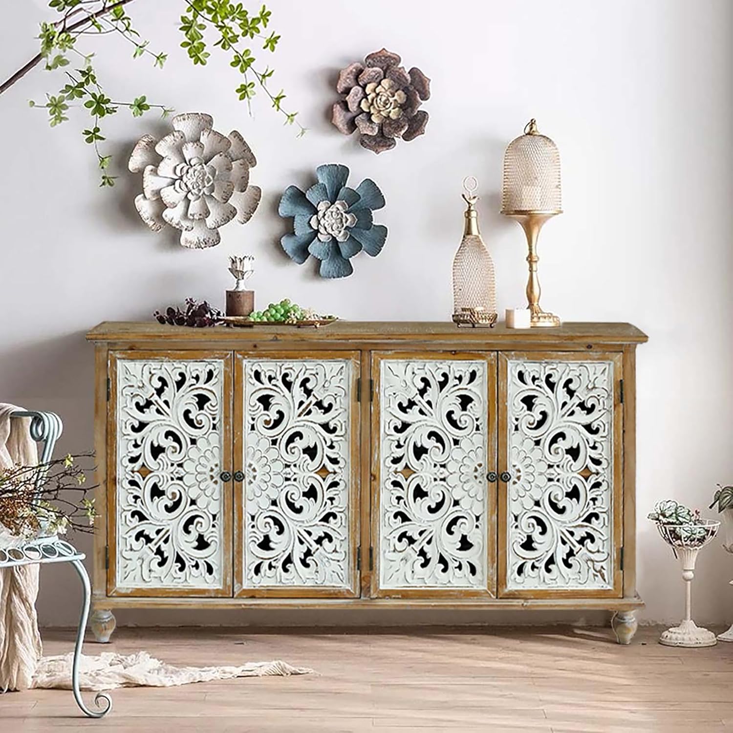 Dolonm Accent Cabinet with 4 Doors, Farmhouse Sideboard Buffet Cabinet with Storage, Modern Storage Cabinet with Wood Carved Floral Doors for Living Room, Dining Room, Entryway, Hallway, Kitchen