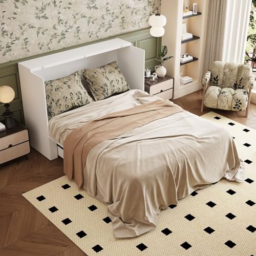 Full Size Murphy Bed Cabinet Bed with Charging Station and Drawer, Pull Out Murphy Bed Full, Space-saving Guest Cabinet Bed for Home Office Guest Room Bedroom White 76.4”L x 55.1”W x 40.9”H