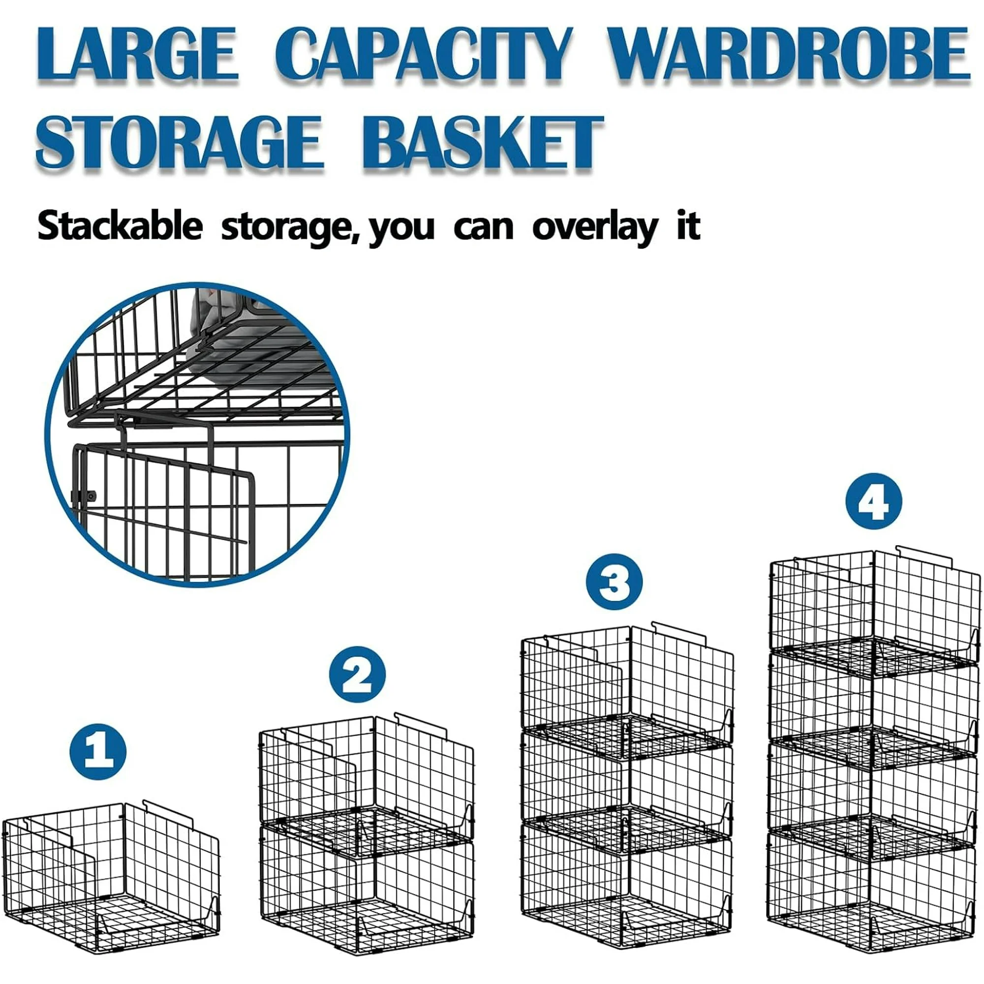 Stackable Closet Organizers 4 Pack, Sturdy Metal Storage Bins for Clothes Pants Sweaters, Black Folded Drawer Wardrobe Organizer