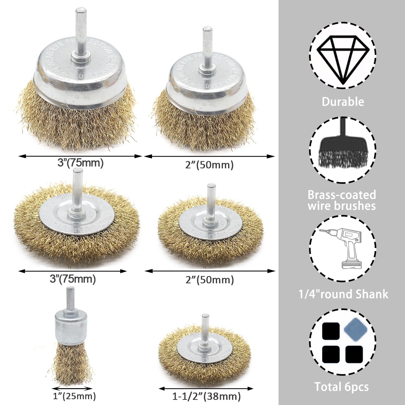 Brass-Coated Wire Wheel Brush Kit for Drill,BeQell 6pcs Crimped Cup Brush with 1/4-Inch Shank,Soft Enough for Rust Removal, Clean Paint ,Corrosion and Scrub Surface with Less Scrach