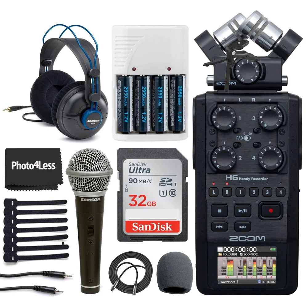 Zoom H6 All Black 6-Input /6-Track Portable Handy Recorder with Single Mic Capsule + Headphones + Dynamic Microphone + 32GB Memory Card + Batteries and Charger + Accesories