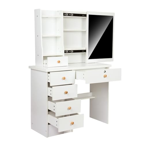 Makeup Vanity Desk with Mirror, White Bedroom Dressing Table with Storage Drawer & Chair & Open Shelves &hidden Storage Space for Women Girls White