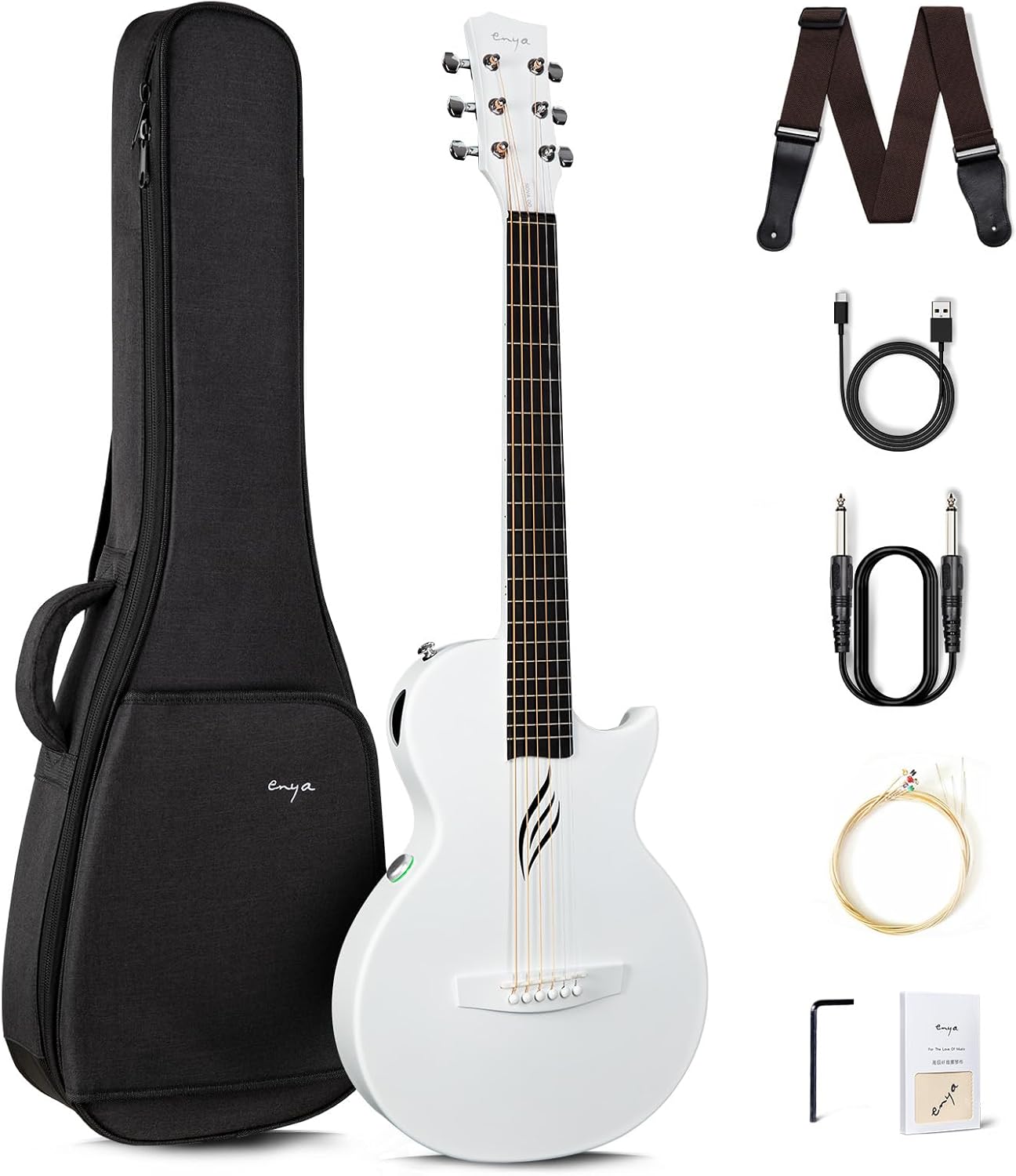 Enya NOVA Go SP1 Carbon Fiber Acoustic Electric Guitar with Smart AcousticPlus 35 Inch Travel Acustica Guitarra Starter Bundle Kit(White) & Enya Smart Automatic Guitar Tuner & Wireless Guitar System