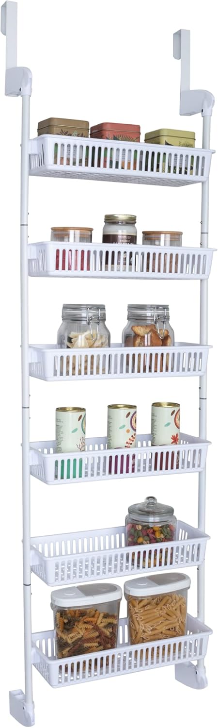 Smart Design Over The Door Pantry Organizer Rack w/ 6 Baskets - Steel & Resin Construction w/ Hooks - Hanging - Cans, Spice, Storage, Closet - Kitchen (18.5 x 63.2 Inch) [White] Pack of 2