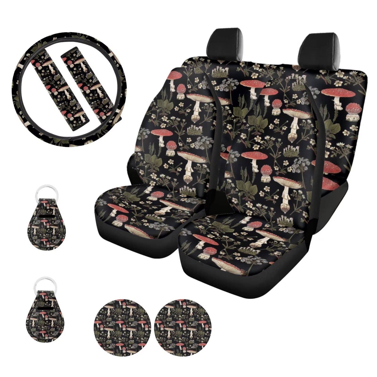 Binienty Aesthetic Flower Mushroom Car Seat Covers Full Set of 11-Cup Holder Coaster,Key Chain,Front Rear Bench Protector,Steering Wheel Cover Accessories,Auto Seat Belt Pads for Most Van/SUV