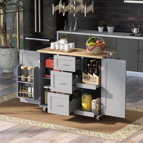 Kitchen Cart with Wood Drop-Leaf Countertop, Kitchen Island on Wheels with Adjustable Shelf Storage Cabinet and 2 Drawers, Concealed Sliding Barn Door, 52.2