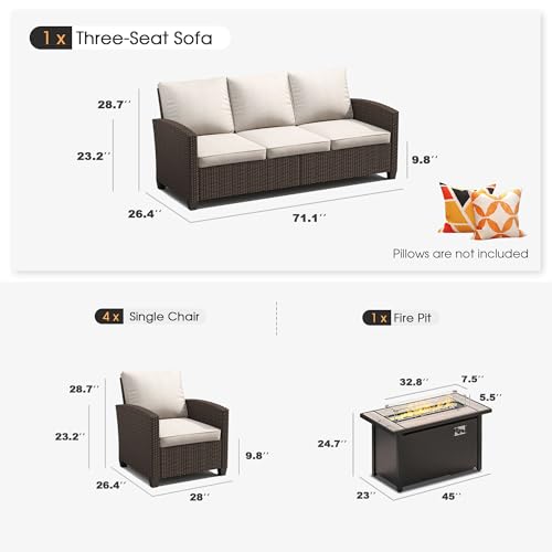 VICLLAX 6 Pieces Patio Furniture Set with 45-Inch Firepit Table, Outdoor Wicker Conversation Set with 3-seat Sofa, 4 Single Wicker Sofas and Metal Top Fire Pit Table for Garden, Poolside, Backyard