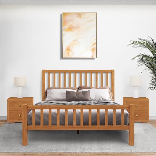 Hampton Wooden Platform Bed with 2 Nightstands | Modern Low-Profile Bed with Full Slat Support System - No Box Spring Needed, Easy Assembly | Cherry, Queen