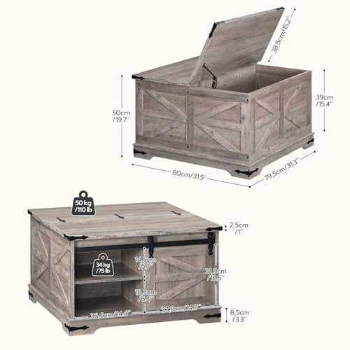 HOOBRO Farmhouse Coffee Table, Large Square Coffee Table for Living Room, Lift Top Coffee Table Square, Wooden White Coffee Table with Barn Door, Hidden Space, White and Walnut WH80KF01