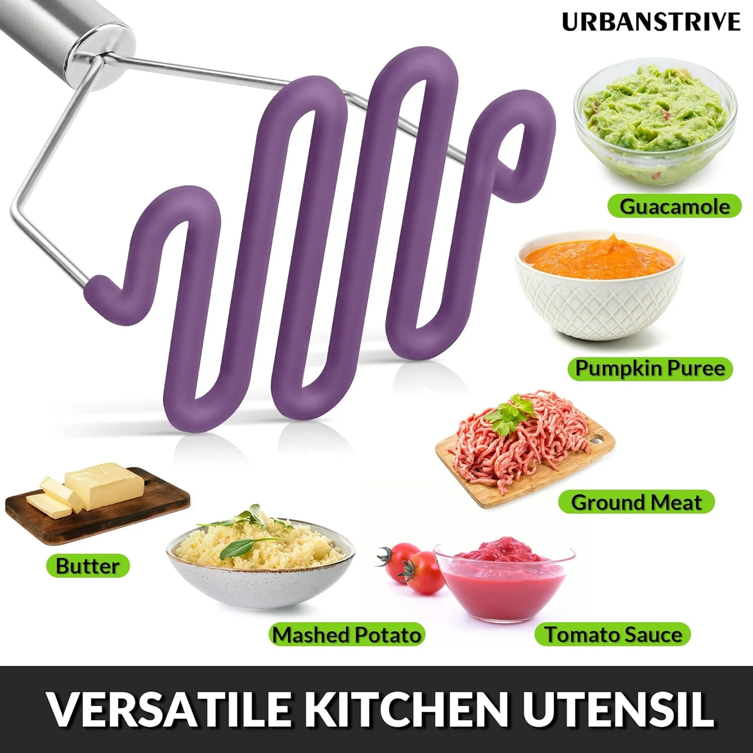 Scratch-resistant silicone potato mash maker, kitchen tool, stainless steel outer layer wrapped with high-quality silicone.