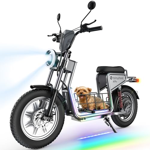 isinwheel Electric Scooter Adults, 21/38 MPH Top Speed & 28/43 Miles Range, 14/16'' Fat Tire Scooter for Adult with Turn Signals & Mood Lights, APP, 1200W Powerful Motor Electric Scooter with Seat