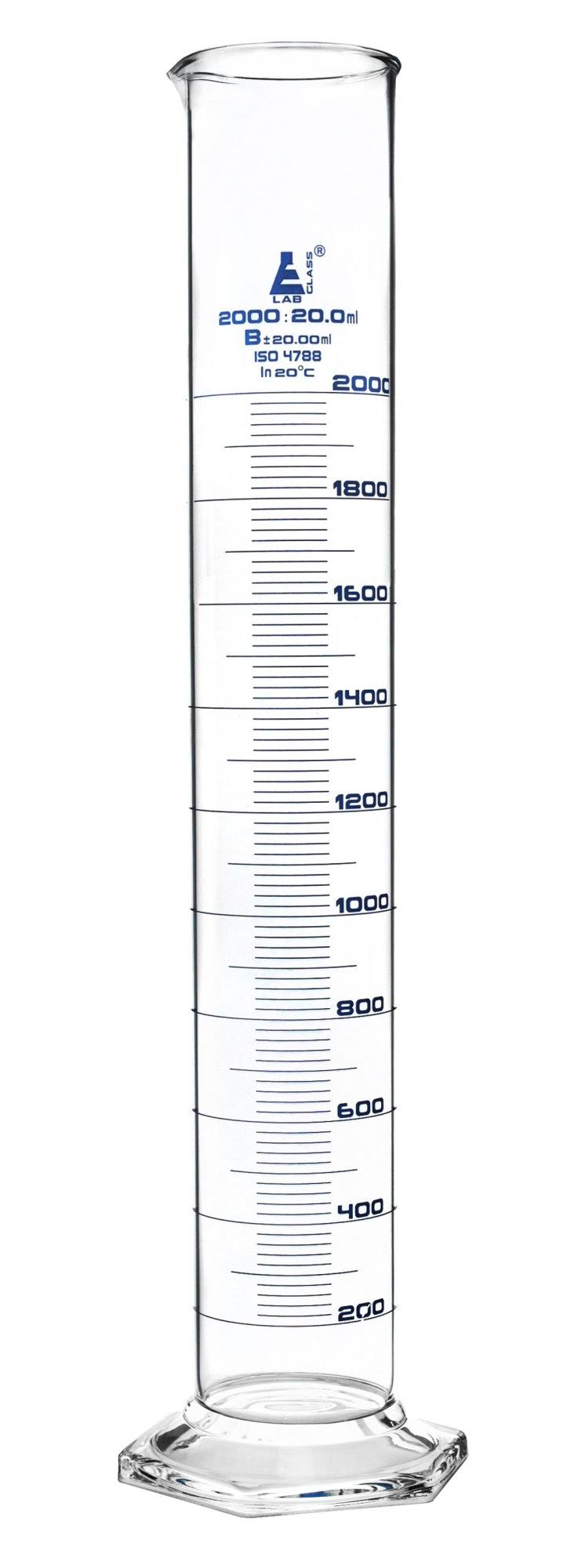 2000ml Graduated Measuring Cylinder, Cap. 2000ml., Class &B&, Hexagonal Base with Spout, Borosilicate Glass - Eisco Labs