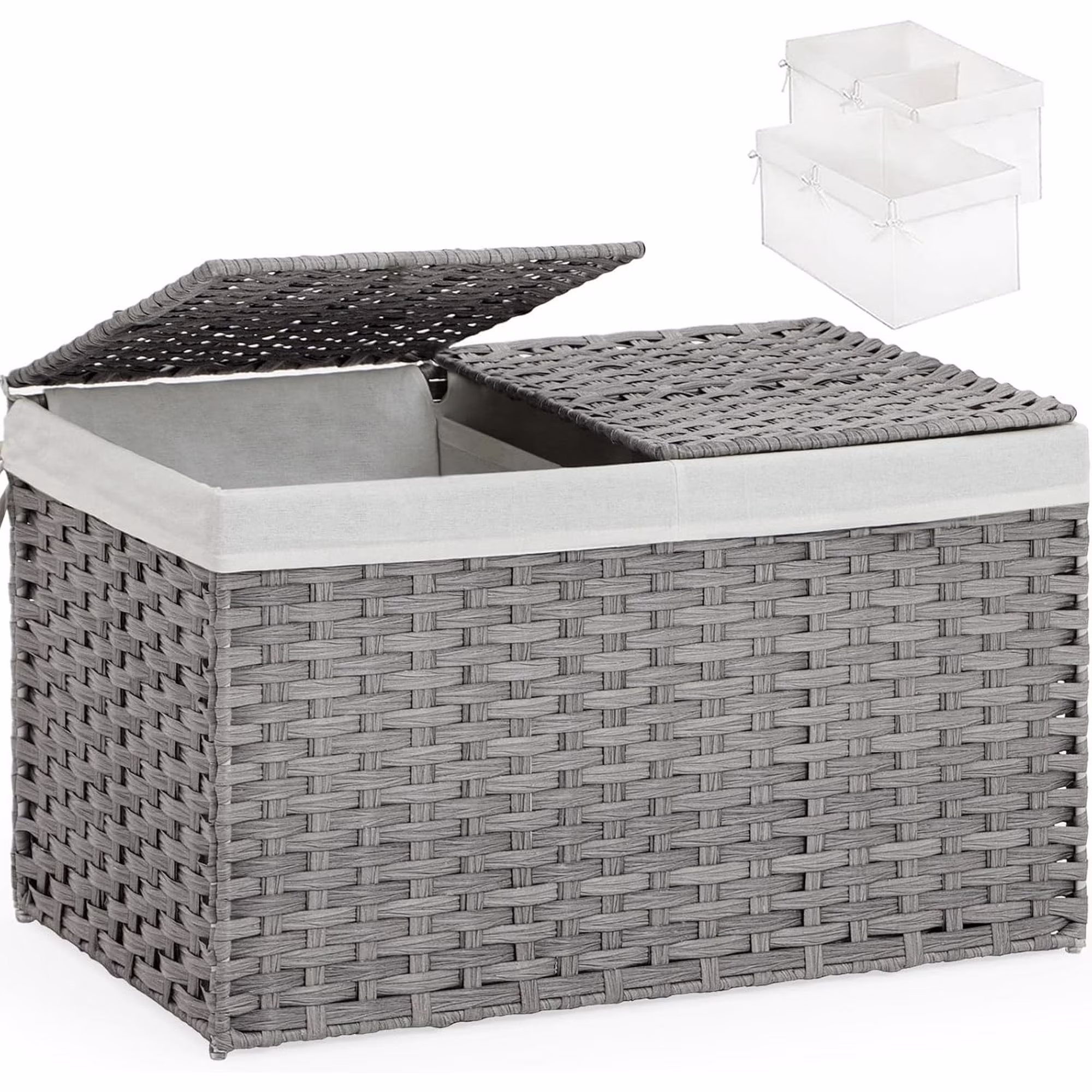 Storage Basket with Lid Rattan, Woven Storage Baskets with 2 Separate Lids, 17.2 Gallon (65 L), 22.2 x 13 x 13.8 Inches, Foldable, 2 Removable Liner Bags Handles for Bedroom, Laundry Room Gray