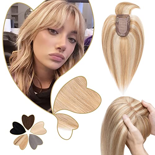 Benehair Topper with Thin Bangs Clip in Toppers for Women Real Remy Human Hair Silk Base Middle Part Hair Toupee for Thinning Hair 38g 6inch #4P27 Medium Brown Mix Dark Blonde