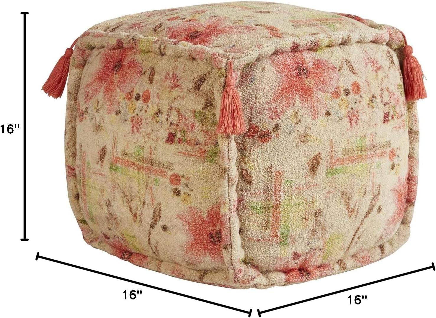 47th & Main Square Boho Tasseled Fabric Foot Stool Ottoman Pouf, 16