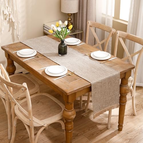 Boho Table Runner with Fringe 12x120 Inch Farmhouse Rustic Table Runner Coffee Linen Table Runner for Dining Party Wedding Decoration(one Piece)