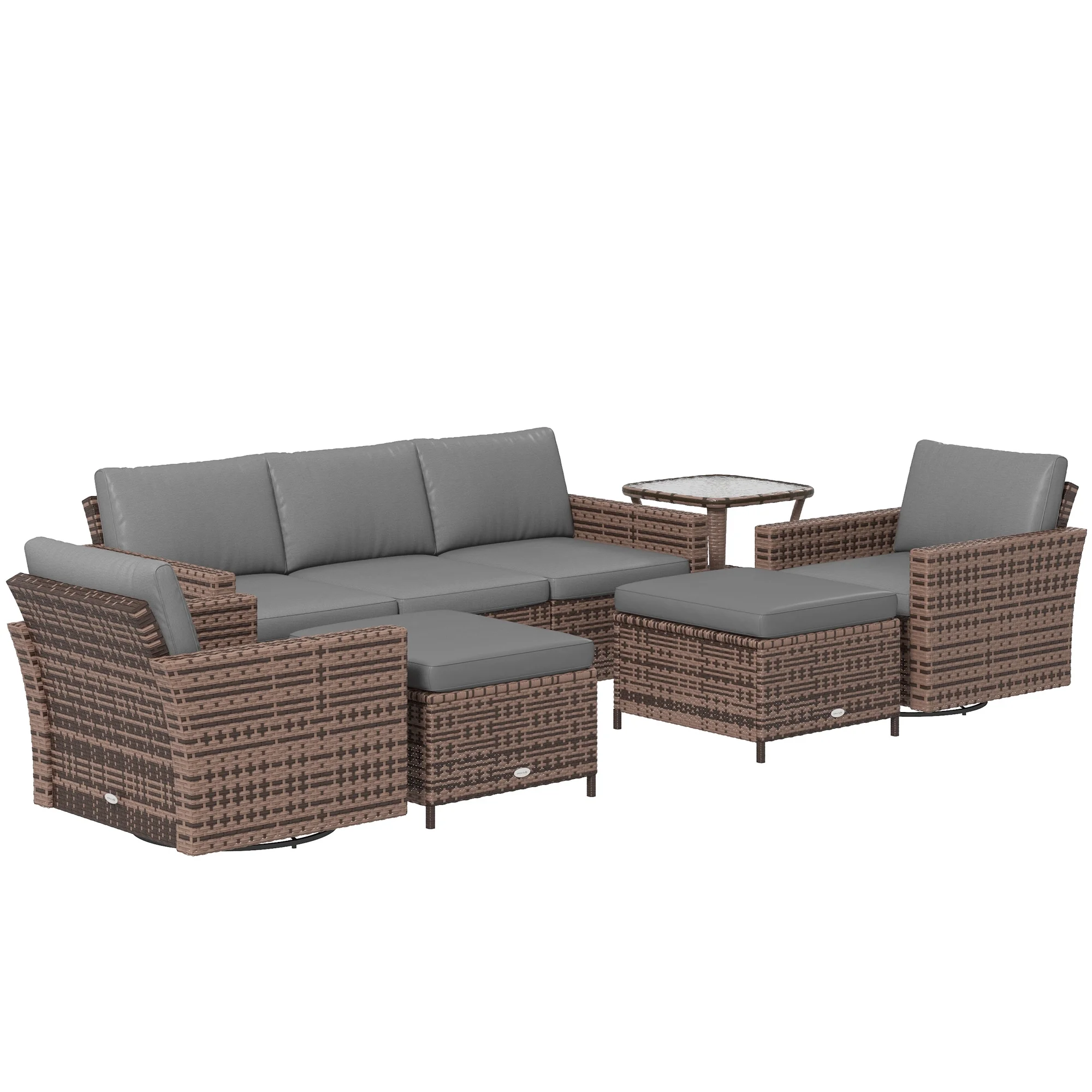 Outsunny 6pc Patio Furniture Set with Couch, Swivel Rocking Chairs, Brown