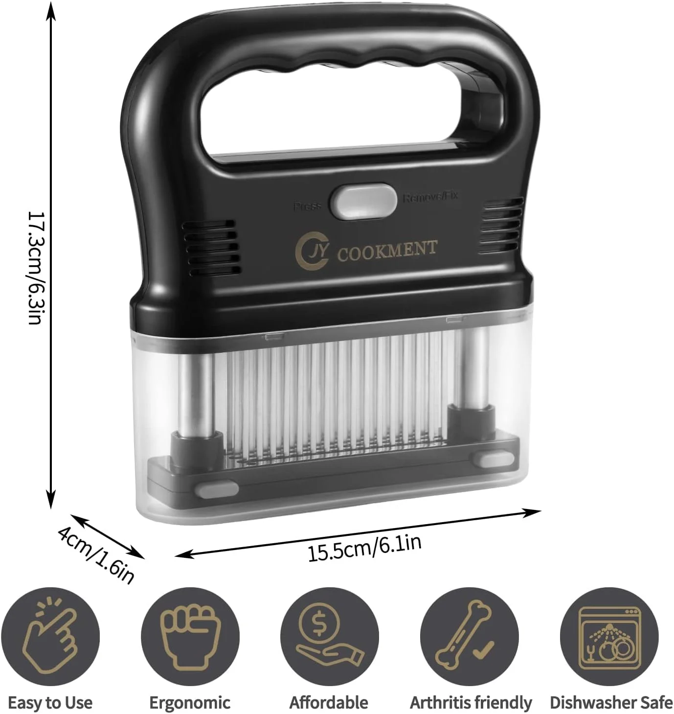 JY COOKMENT Meat Tenderizer with 48 Stainless Steel Ultra Sharp Needle Blades, Kitchen Cooking Tool Best for Tenderizing, BBQ, Marinade Stainless Steel Regular