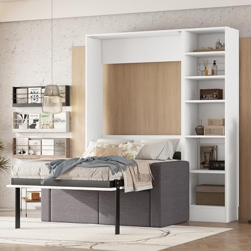 MERITLINE Queen Murphy Bed with Couch and Storage Shelves,Wood Murphy Bed Cabinet with Storage Shelves and Sofa,Fold up Bed White Murphy Wall Bed Queen Size