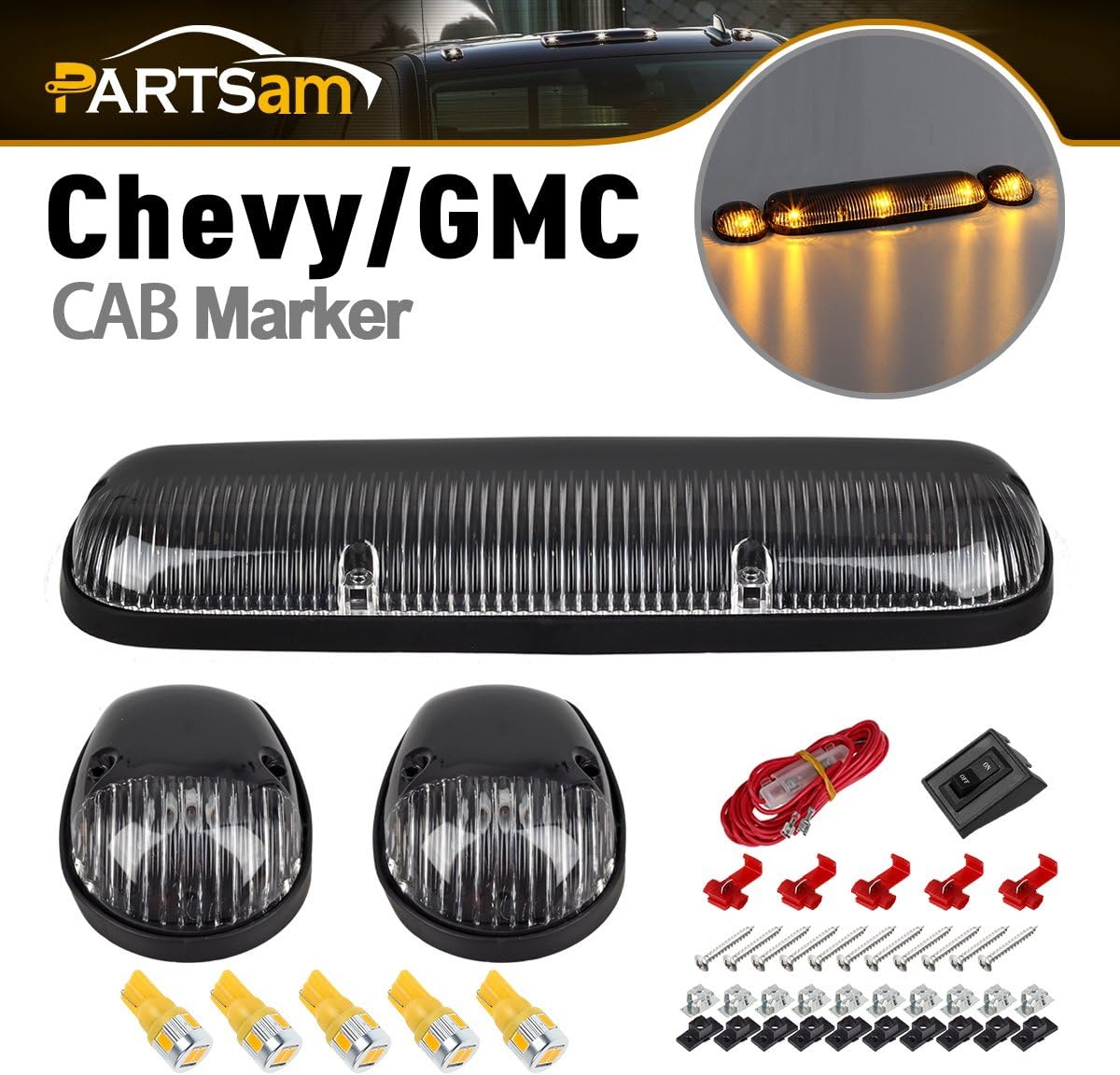Partsam Cab Light Top Roof Running Cab Marker Lights 264155CL 3PCS + T10 LED Bulbs Compatible with Silverado/Sierra 1500 1500HD 2500 2500HD 3500 2002-2007 Truck Pack of 2