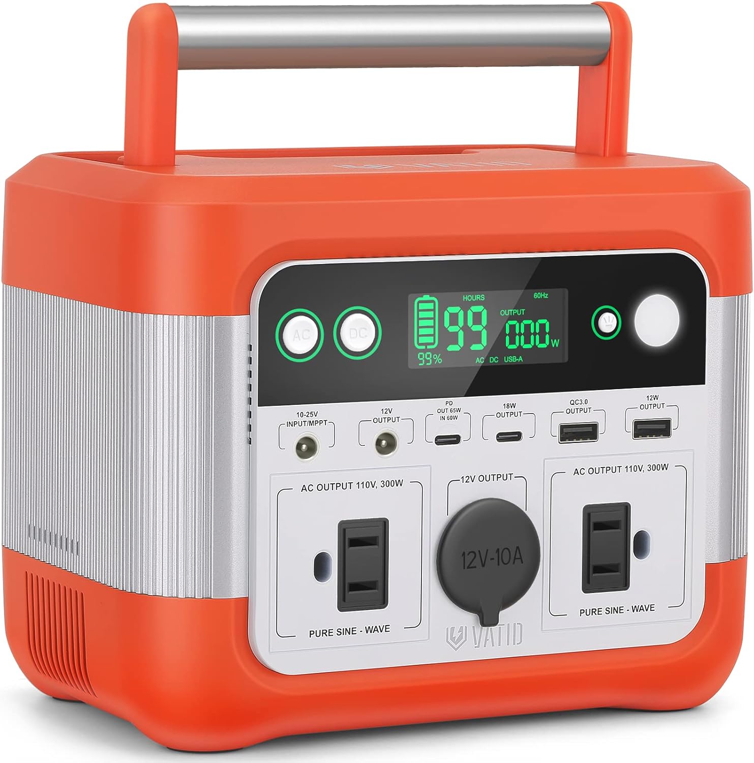 VATID Portable Power Station,600W 518Wh Solar Power Station,110V AC,12V Regulated DC,3.5hrs 100% Recharge,Pure Sine Wave,65W USB PD Rechargeable Power Station