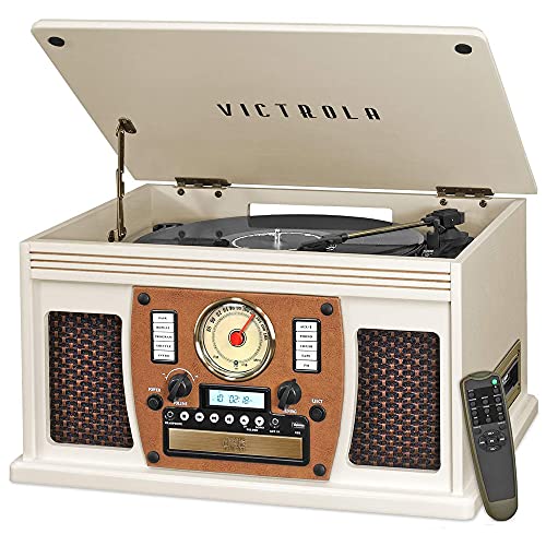 Victrola Navigator 8-in-1 Bluetooth Record Player with Built-in Speakers– 3 Speed Turntable, CD Player, Cassette, FM Radio, USB, RCA Out, Headphone Jack, Wireless Music Streaming, Real Wood (Mahogany)