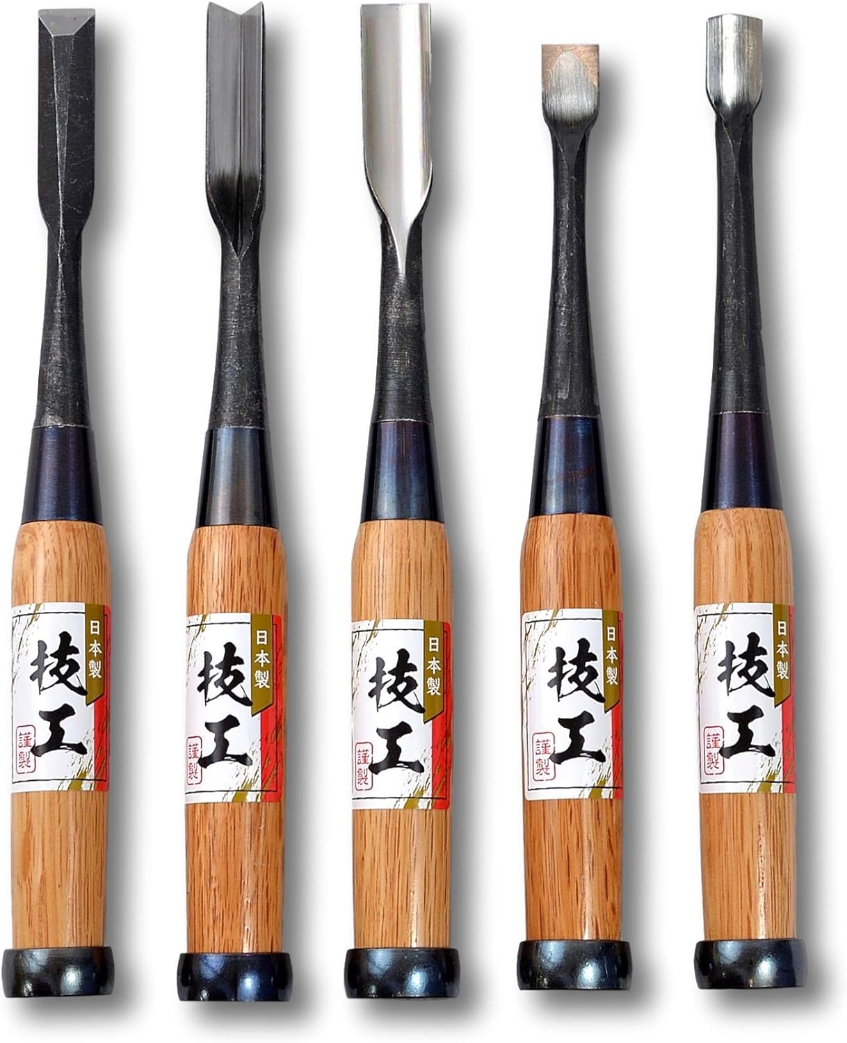KAKURI Japanese Chisel Set for Wood Carving 5 Pieces NOMI, Professional Gouge Chisel Woodworking Tool, Heavy Duty Japanese Carbon Steel with Red Oak Handle, Made in JAPAN
