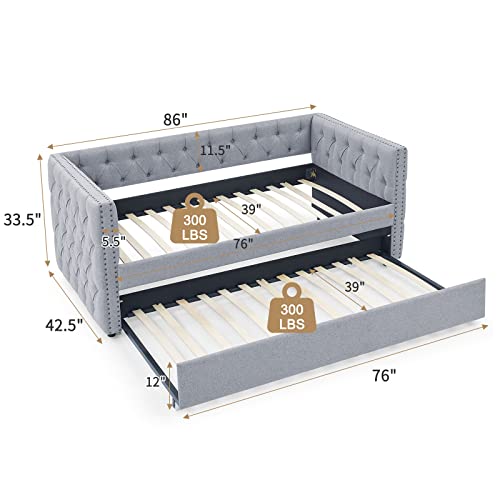 KIVENJAJA Twin Size Daybed with Trundle, Linen Fabric Upholstered Day Bed Frame Sofa Bed with Button Tufted & Nail Trimming for Living Room Guest Room (Twin, Beige)