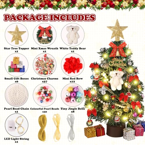 Mini Christmas Tree with Light 12 Inch Table Top Xmas Tree with Hanging Ornaments Gift Boxes Star Treetop Xmas Wreath Small Artificial Winter Tree for DIY Christmas Decorations
