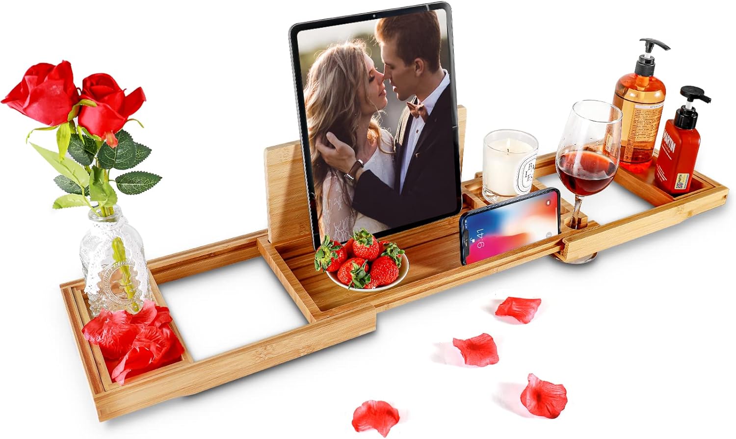 Premium Bathtub Caddy Tray for Tub, Bamboo Bath Tray for Tub with Extending Sides, Adjustable Bath Tub Tray Wood for Luxury Bath Fits Most Bath Tubs Bathtub Accessories Gift Idea