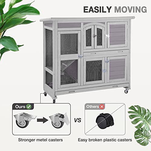 Two-Story Rabbit Hutch with Wheels Guinea Pig Cage Indoor Outdoor Bunny Cage with 2 Deep Leakproof Tray