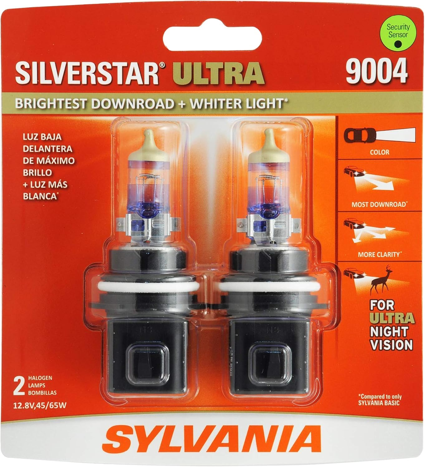 SYLVANIA - 9004 SilverStar Ultra - High Performance Halogen Headlight Bulb, High Beam, Low Beam and Fog Replacement Bulb, Brightest Downroad with Whiter Light, Tri-Band Technology (Contains 2 Bulbs) (9004SU.BP2) Pack of 2