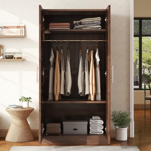 Full Size 2-Doors Wardrobe, Wooden Armoire Closet with 3-Shelves and Hanging Rail for Bedroom, Laundry Room, (Brown, One Size)