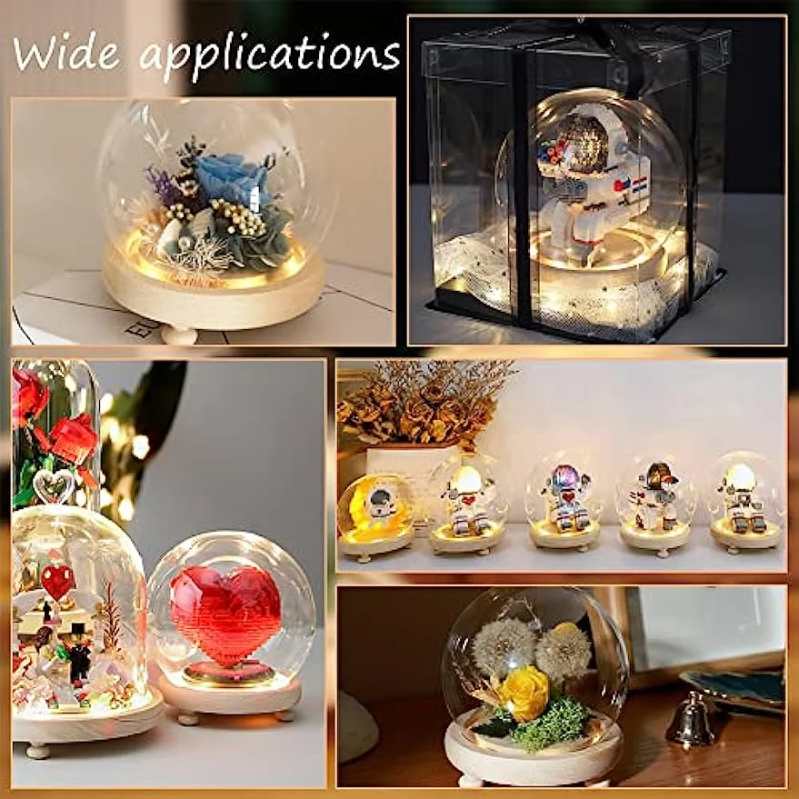 2 Sets Round Glass Display Dome Mini Glass Cloche Dome Clear Glass Display Dome Cover with Wood Base
