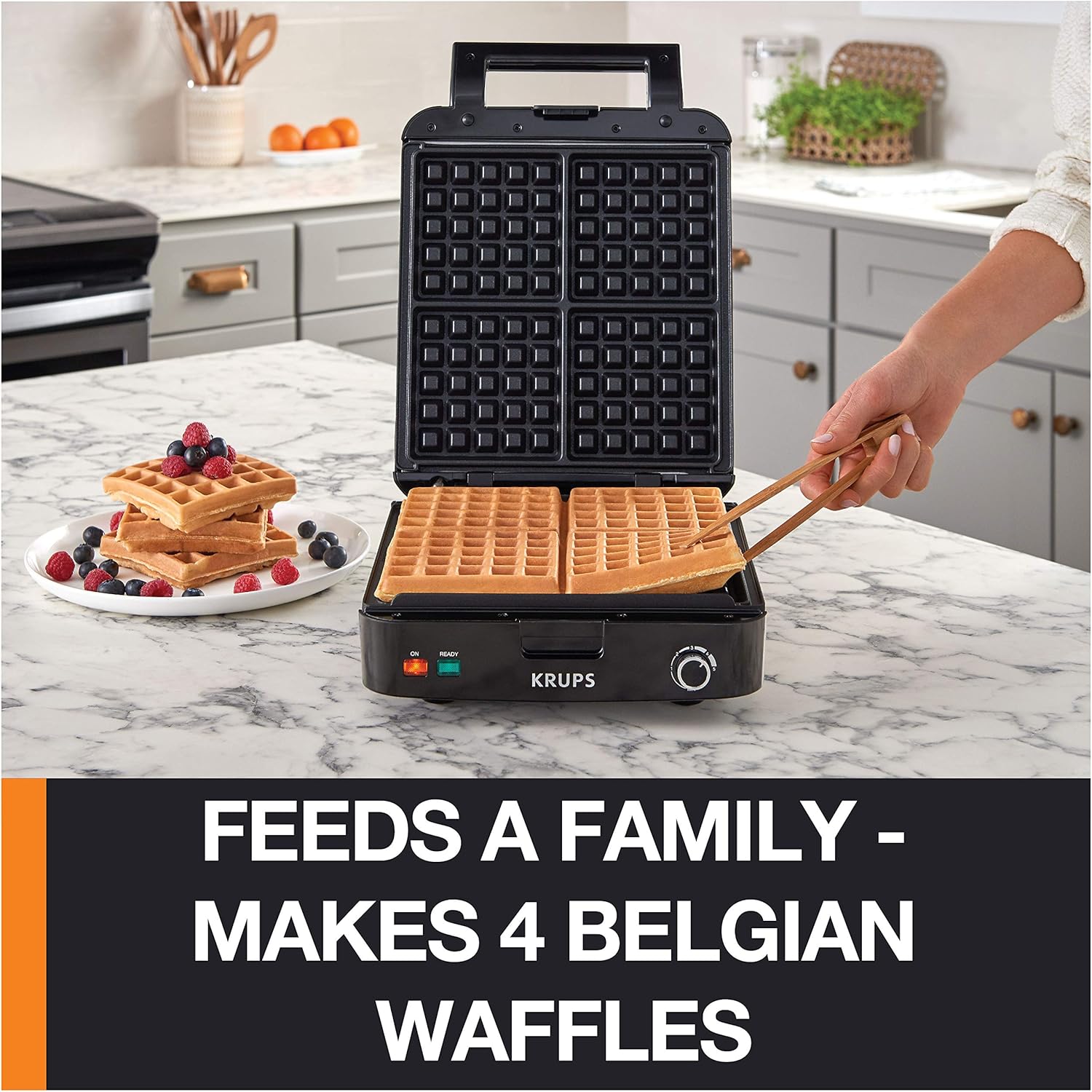 Krups Waffle Maker, Stainless Steel, 4 Slices, 1200 Watts Square, 5 Browning Levels, Removable Plates, Dishwasher Safe, Belgian Waffle Silver and Black
