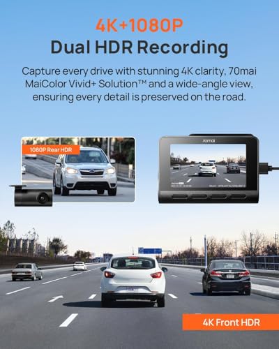 70mai A810 4K Dash Cam Front and Rear, Dual Dash Camera for Cars with Starvis 2 HDR Night Vision, 4G LTE Support, ADAS, Built in GPS & WiFi, 24/7 Parking Mode, AI Motion Detection, Time-Lapse