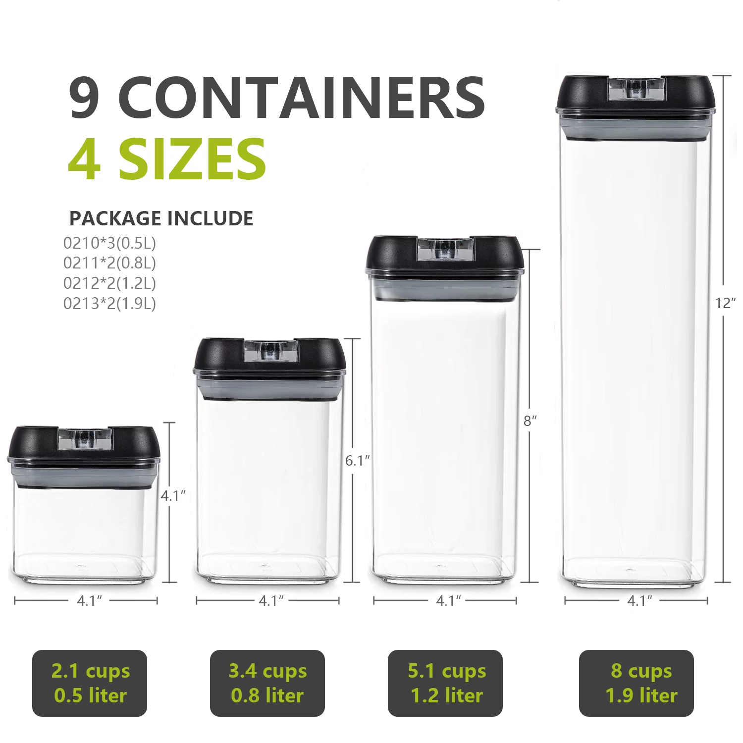 9 PCs Clear Food Storage Containers Set, Multiple Capacities Stack-able Airtight Kitchen Containers Dry Food Candy Storage Organizer Boxes Black Lid